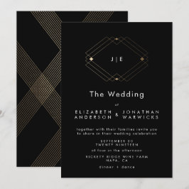 Invitación Boda simple de oro geométrico moderno negro