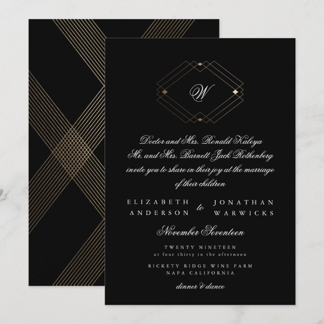 Invitación Boda simple de oro geométrico moderno negro (Anverso / Reverso)