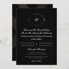 Invitación Boda simple de oro geométrico moderno negro