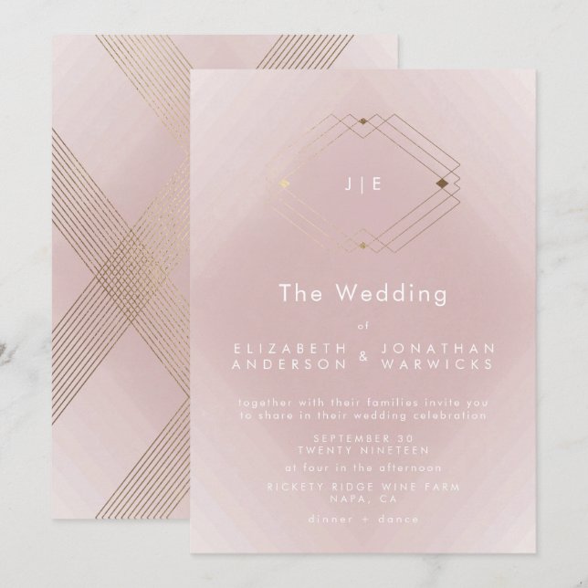 Invitación Boda simple de oro geométrico moderno rosado (Anverso / Reverso)