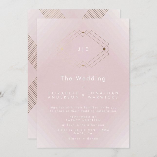 Invitación Boda simple de oro geométrico moderno rosado (Anverso / Reverso)