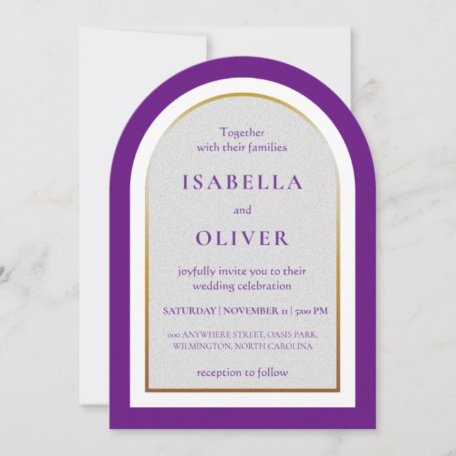 Invitación Boda simple de oro púrpura y blanco (Anverso)