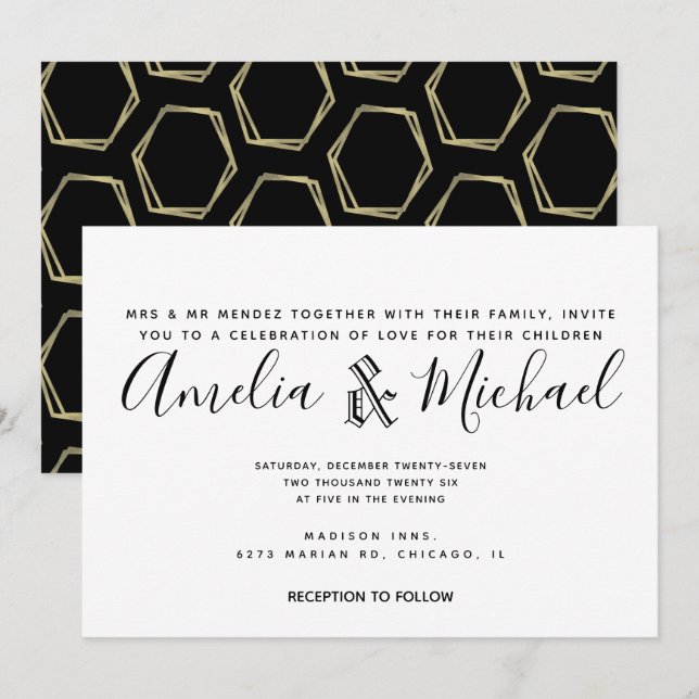 Invitación Boda Simple de Oro y Negro Geometría Moderna (Anverso / Reverso)