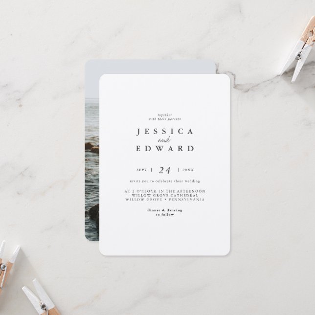 Invitación Boda simple de plata metálica y fotografía negra (Anverso/Reverso In Situ)