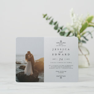 Invitación Boda simple de plata metálica y fotografía negra