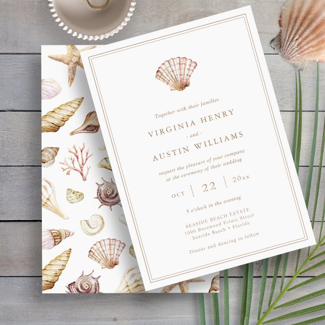 Invitación Boda simple de playa (Beach Watercolor Seashell Simple Wedding Invitation by Painted Paperie
)