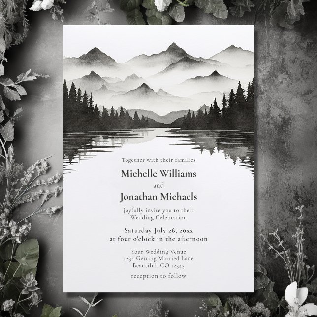 Invitación Boda simple del lago de Montaña Blanca y Negra (Front - Simple Black and White Mountain Lake Wedding Invitation)