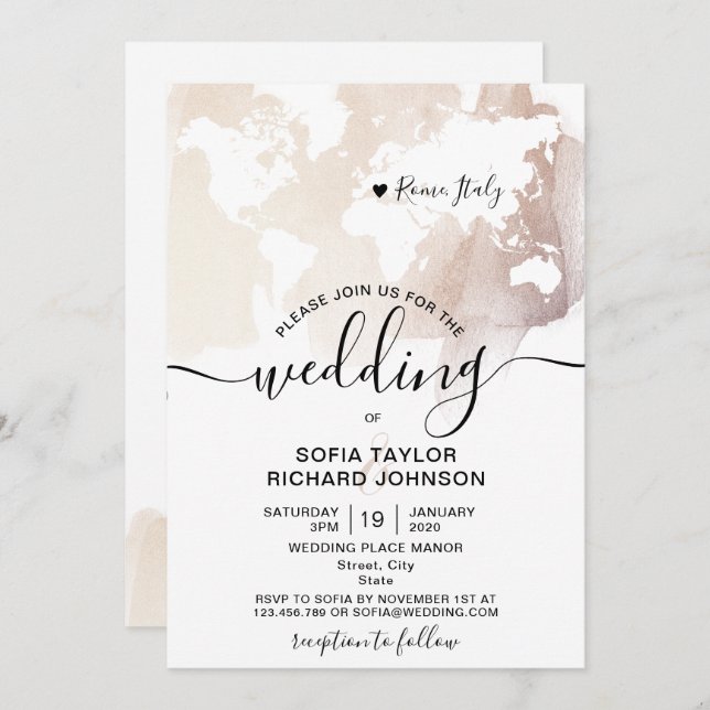 Invitación Boda Simple Destino Mapa Mundial Acuarela (Anverso / Reverso)