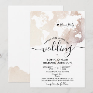 Invitación Boda Simple Destino Mapa Mundial Acuarela