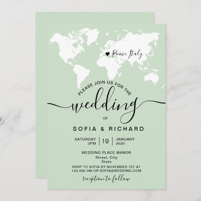 Invitación Boda Simple Destino Mapa Mundial Acuarela En (Anverso / Reverso)