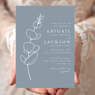 Invitación Boda Simple Dibujo de Eucalipto en Línea Azul Polv