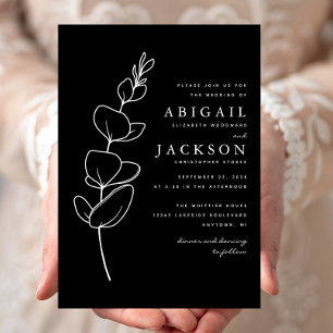 Invitación Boda Simple Dibujo De Línea De Eucalipto Blanco Y