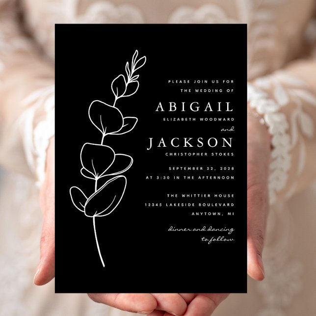 Invitación Boda Simple Dibujo De Línea De Eucalipto Blanco Y  (Subido por el creador)