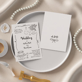 Invitación Boda Simple Doodle Dibujada a Mano en Blanco y Neg