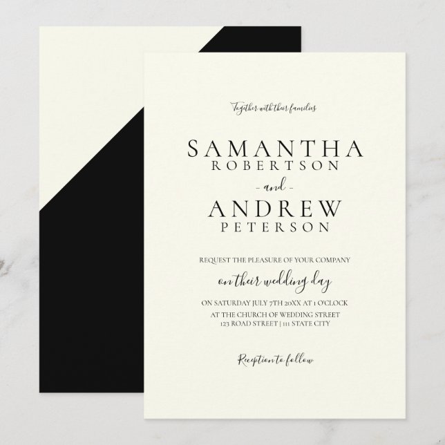Invitación Boda simple elegante de marfil negro de la (Anverso / Reverso)