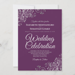 Invitación Boda Simple Elegante de Plata sobre Púrpura Ciruel