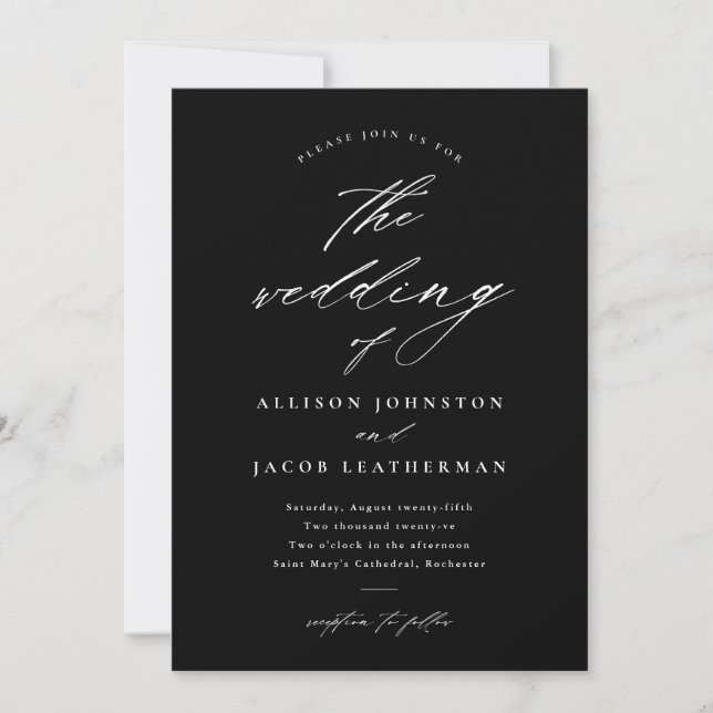 Invitación Boda Simple en Blanco y Negro con Letra Script (Anverso)