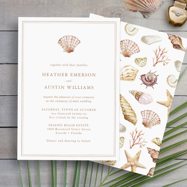 Invitación Boda simple en la playa (Simple Elegant Beach Watercolor Seashell Wedding Invitation by Painted Paperie
)