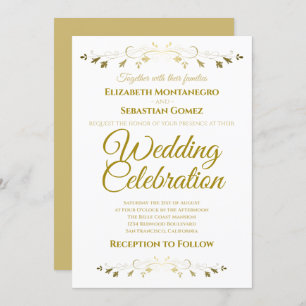 Invitación Boda simple filigrí elegante dorado y blanco