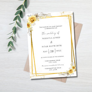 Invitación Boda Simple Floral Amarillo Dorado 