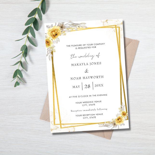 Invitación Boda Simple Floral Amarillo Dorado  (Subido por el creador)