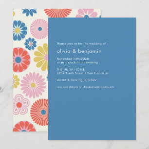 Invitación Boda Simple Floral Bohemio Escandinavo Azul