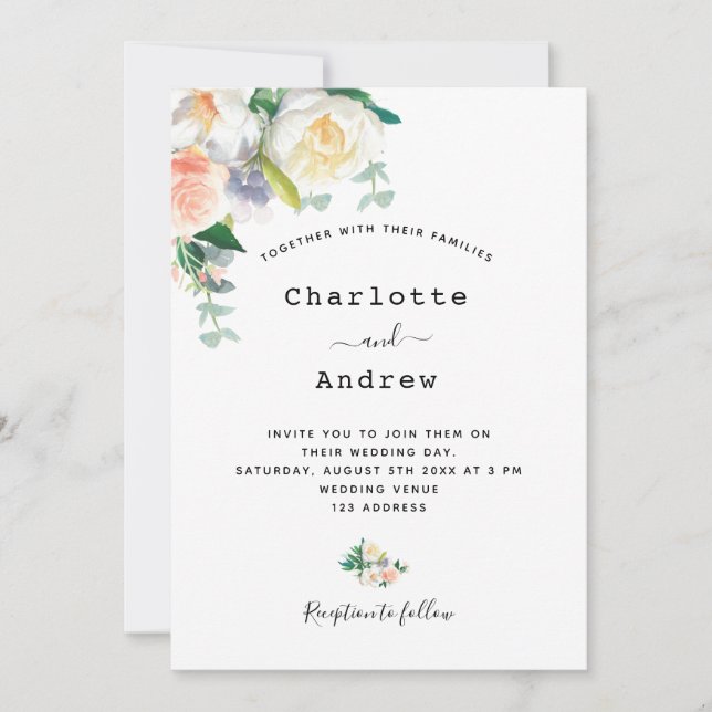 Invitación Boda simple floriniano de oro rosa blanco (Anverso)