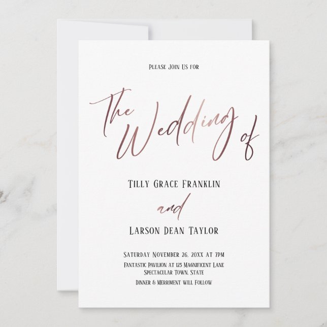 Invitación Boda Simple Letra a Mano Rose Gold (Anverso)