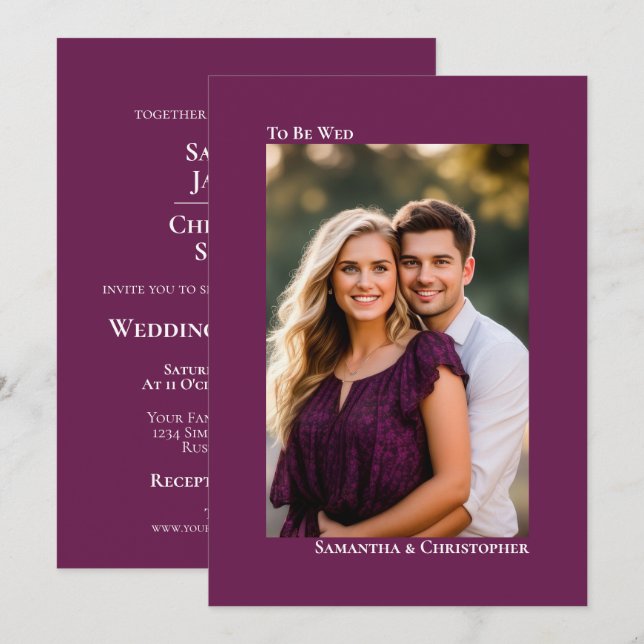 Invitación Boda Simple Magenta Ciruela Foto Vertical (Anverso / Reverso)