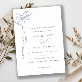 Invitación Boda Simple Minimalista con Lazo Coquette Azul Osc