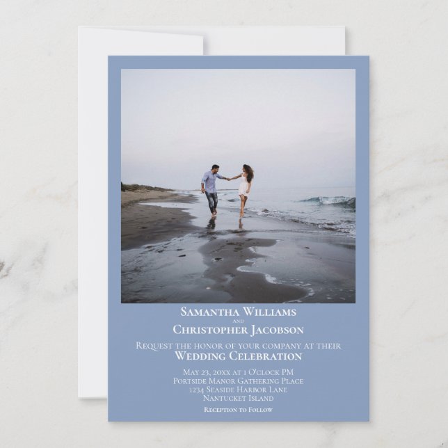 Invitación Boda simple Minimalista moderno fotográfico azul c (Anverso)