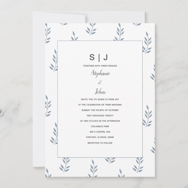 Invitación Boda simple mínimo de hoja azul turbia monograma (Anverso)