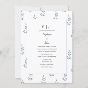 Invitación Boda simple mínimo de hoja azul turbia monograma
