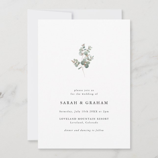 Invitación Boda Simple Moderna de Eucalipto (Anverso)