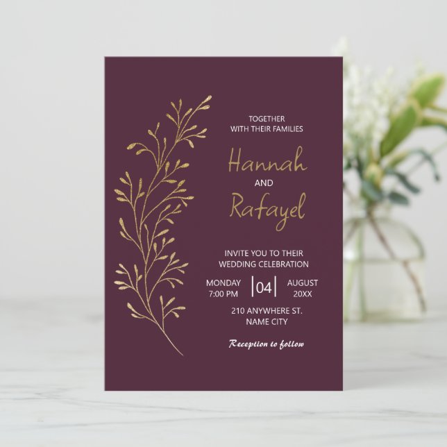 Invitación Boda Simple Moderna de Hoja de Oro Borgoña (Anverso de pie)