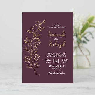 Invitación Boda Simple Moderna de Hoja de Oro Borgoña
