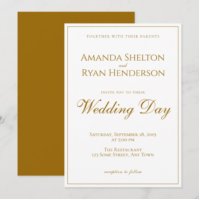 Invitación Boda Simple Moderna Elegante Con Letra Dorada (Anverso / Reverso)