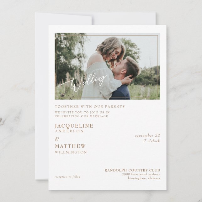 Invitación Boda Simple Moderna Foto con Padres (Anverso)