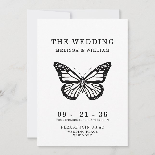 Invitación Boda simple moderno de mariposa negra y blanca (Anverso)