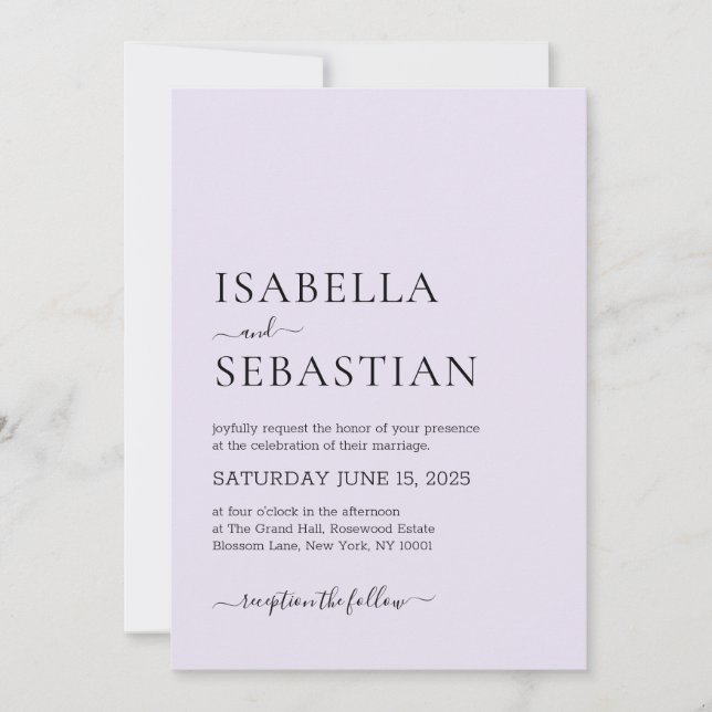 Invitación Boda Simple Moderno Lavanda (Anverso)