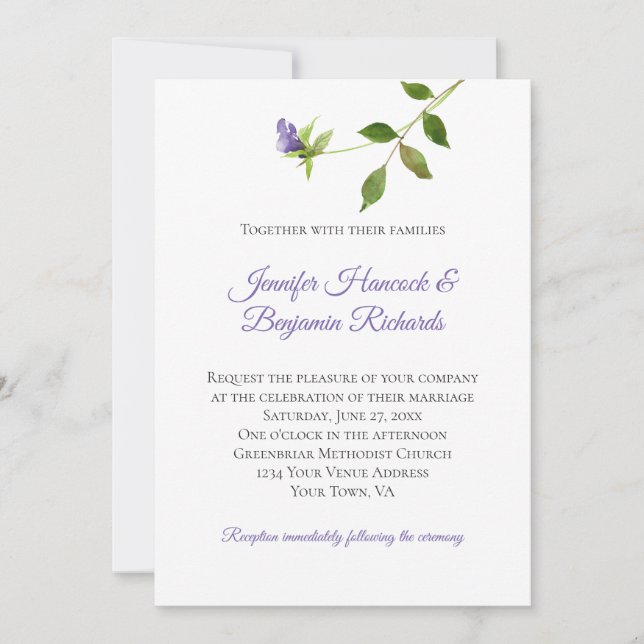 Invitación Boda simple morado de hoja verde (Anverso)