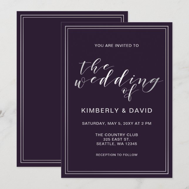Invitación Boda simple morado plateado (Anverso / Reverso)