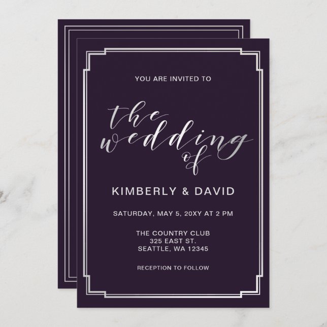 Invitación Boda simple morado plateado (Anverso / Reverso)