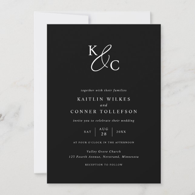 Invitación Boda Simple Negro y Blanco Iniciales Modernas (Anverso)
