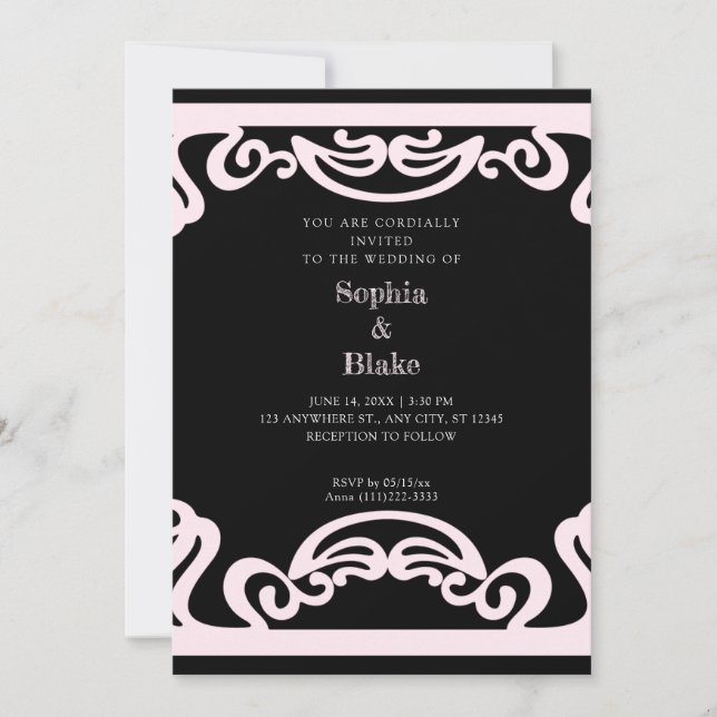 Invitación Boda simple negro y rosa Art Deco (Anverso)
