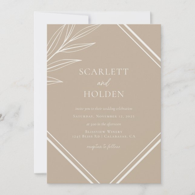 Invitación Boda simple neutro y hoja de crema (Anverso)