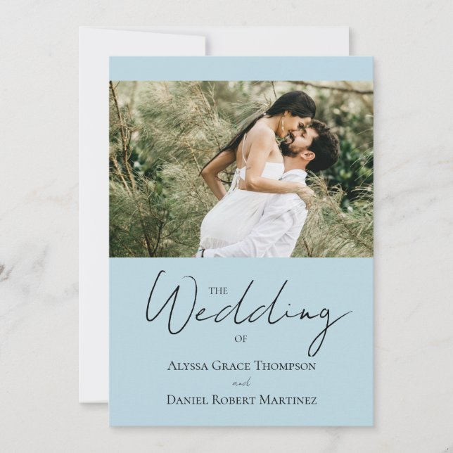 Invitación Boda Simple Personalizada Foto Negro Blanco Azul (Anverso)