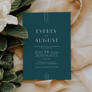 Invitación Boda Simple Retro Art Deco Pavón Verde Turquesa EV