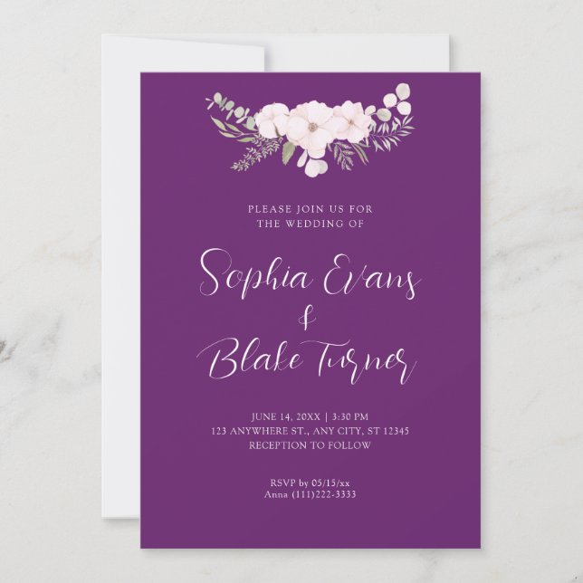 Invitación Boda simple rosa pálido y morado floral verde (Anverso)