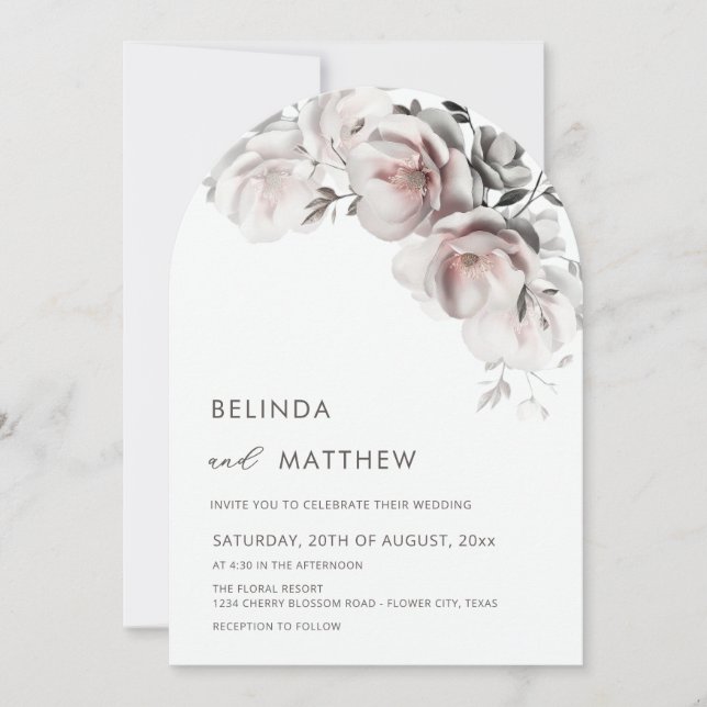 Invitación Boda Simple Rosas 3D Blush Blanco (Anverso)